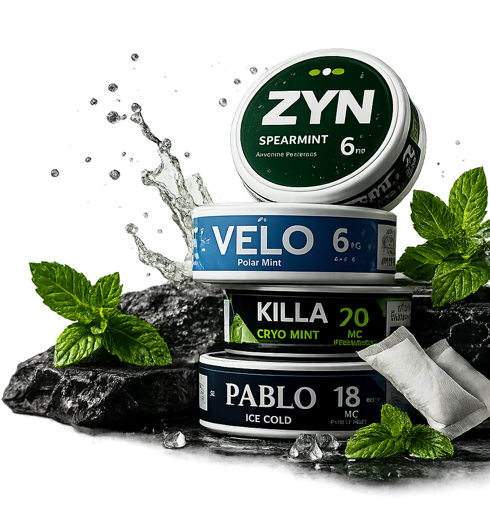 Nicotine pouch cans with mint, ice and pouch details for SnusPouch reviews
